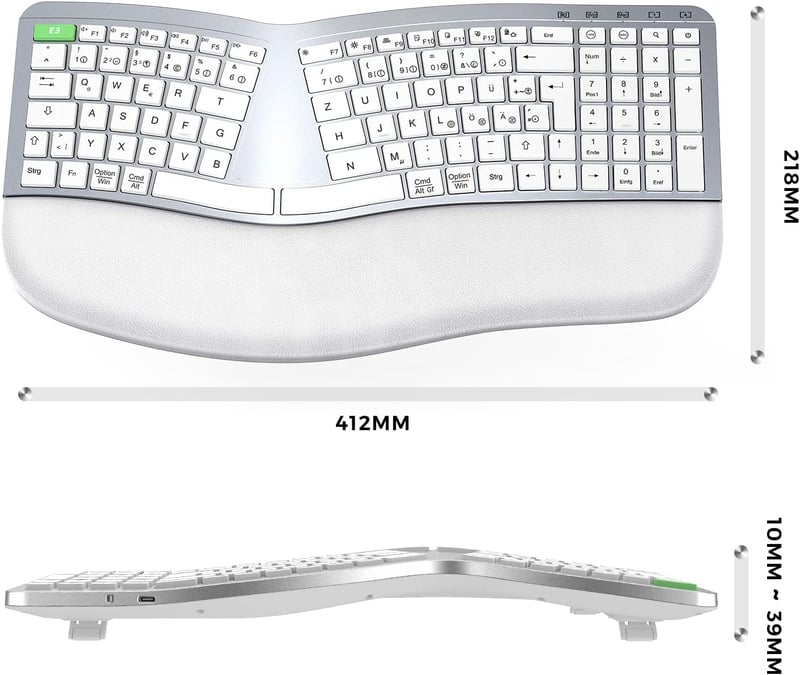 Seenda ergonomikus vezeték nélküli billentyűzet, USB-s, tenyértámasszal, Mac és Windows kompatibilis, német kiosztás, fehér-ezüst