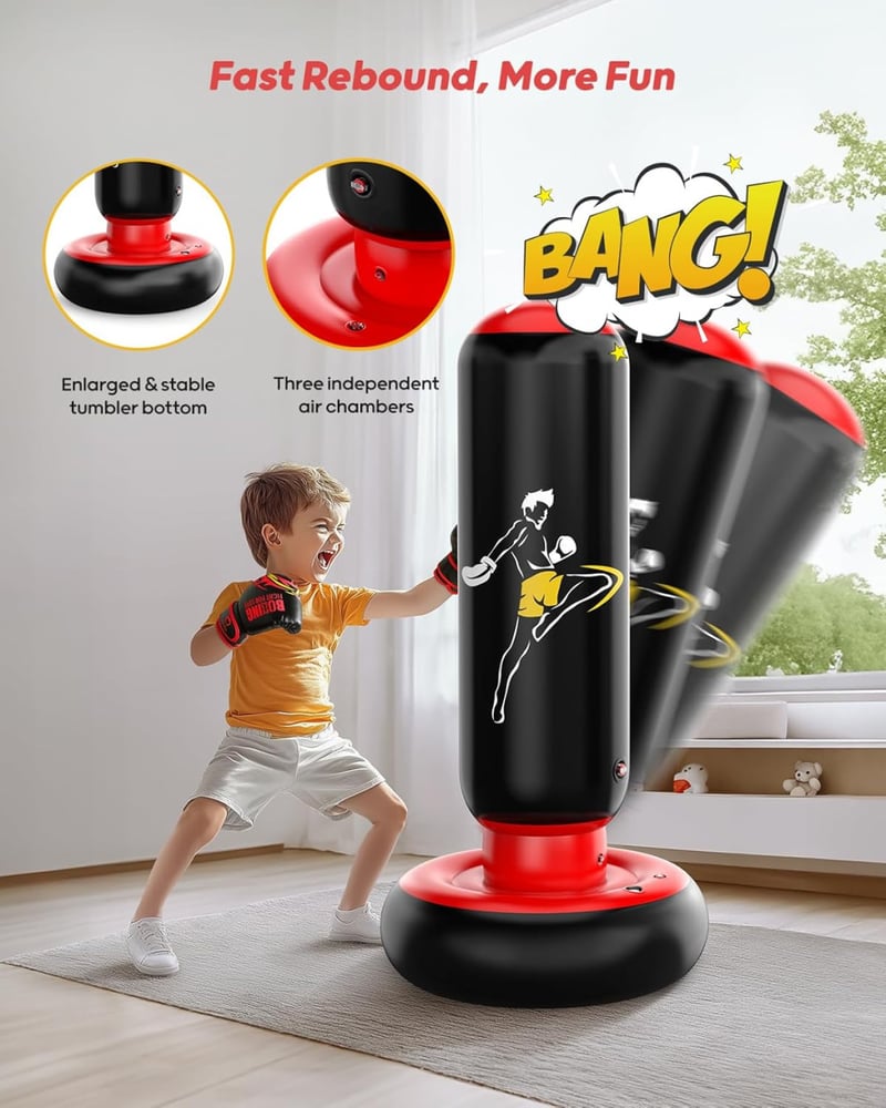 QPAU Gyermek Boxzsák Szett Boxkesztyűkkel - 168 cm Felfújható Edzőfelszerelés 6-12 Éves Gyerekeknek, Fekete-Piros, PVC Anyagból - Black / Red, 66 Inch