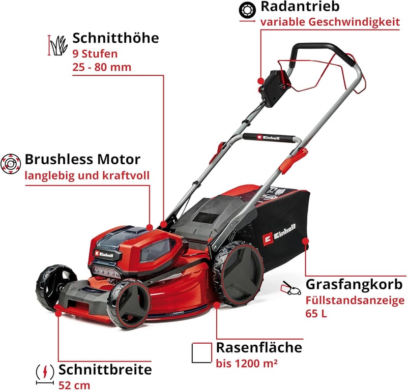 Einhell GP-CM 36/52 S Li BL Akkumulátoros Fűnyíró, 36V, 52cm Vágásszélesség, Kefementes Motor, 65L Gyűjtőkosár, Kerékhajtás, 4db 5.2Ah Akkuv