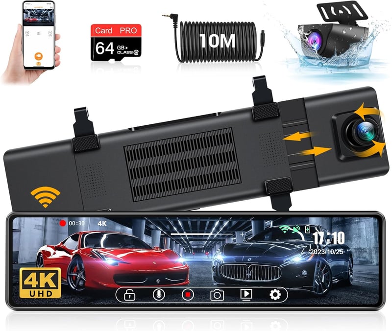 Jansite 4K WiFi tükör menetrögzítő kamera, 12" érintőképernyő, tolatókamera, 64GB SD