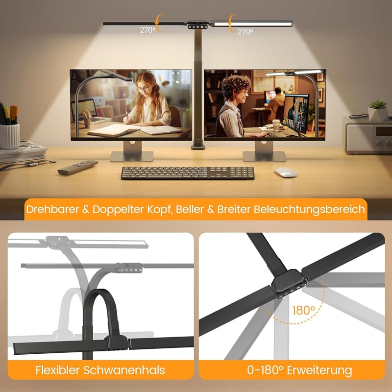 SIBRILLE RGB Dupla Fejes Asztali Lámpa - 22W LED, 80cm, Csíptethető, Távirányítós, Állítható Színhőmérséklet, Szemvédő Monitor Világítás