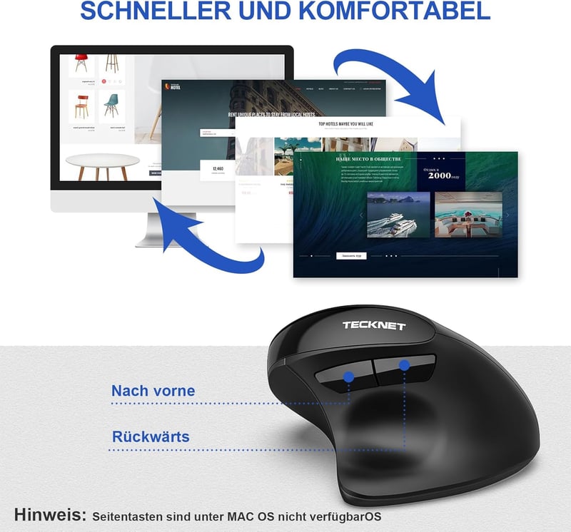 TECKNET Ergonomikus Vezeték Nélküli Egér 2400DPI Vertikális Kialakítással, Újratölthető, 6 Gombos, Fekete - Laptop, PC, MacBook Kompatibilis