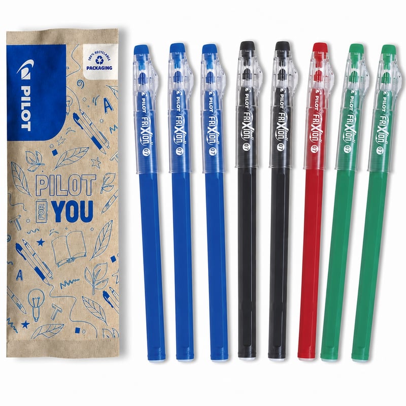 Set pixuri cu gel ștergibile Pilot FriXion Ball Stick, 11 bucăți - 3 albastre, 3 negre, 2 roșii, 2 verzi, vârf mediu, pentru școală — set de 11 bucăți