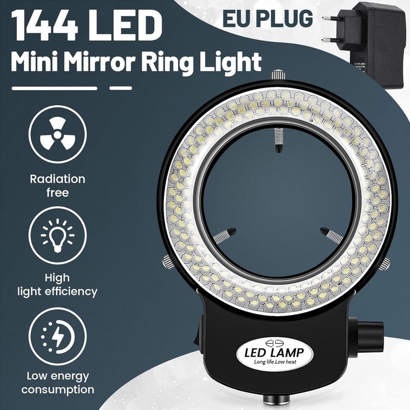 Tiamu LED Gyűrűs Mikroszkóp Világítás 144 LED-del, Állítható Fényerő 0-100%, 6000K Sztereó Mikroszkóp Lámpa Ékszerjavításhoz Fekete