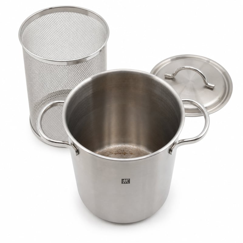 Oală pentru sparanghel ZWILLING Twin Specials, utilizată, cu capac și sită, 4,5 L, 16x27 cm, oțel inoxidabil, inducție, argintiu