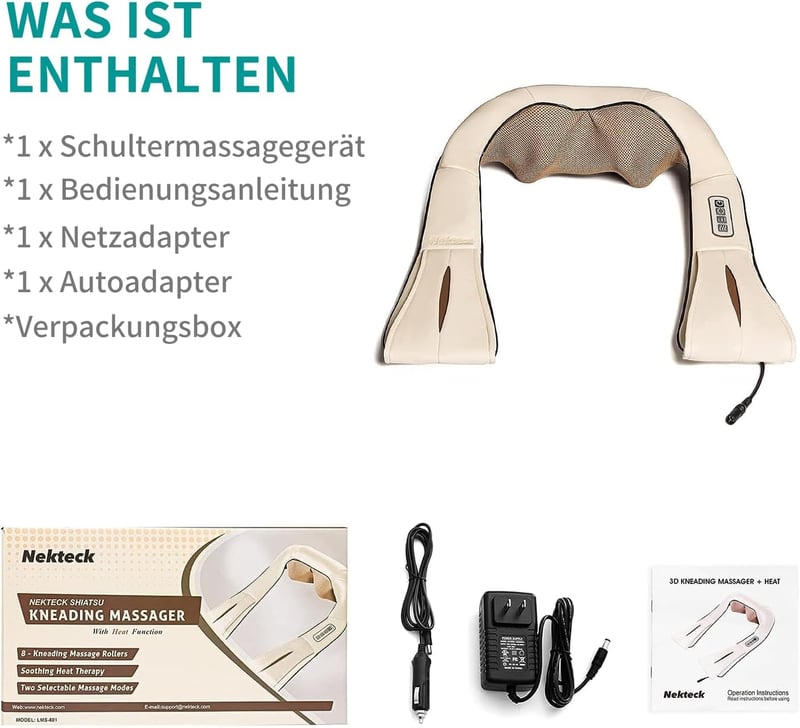 Nekteck Shiatsu Masszírozó Párna Melegítő Funkcióval - Nyak, Váll, Hát és Derék Masszázs Otthon, Irodában és Autóban - Állítható - Beige