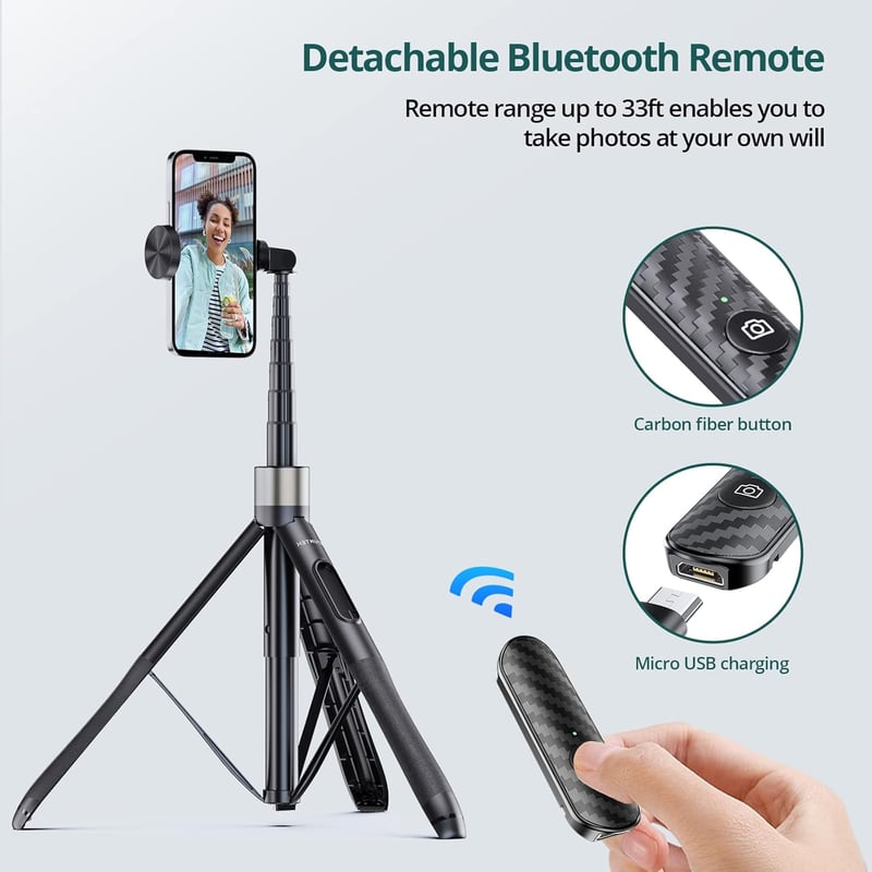 ATUMTEK 165 cm Szelfi Bot Tripod Állvánnyal - Levehető Bluetooth Távirányítóval, iPhone és Android Telefonokhoz, Videózáshoz, Vlogoláshoz, É