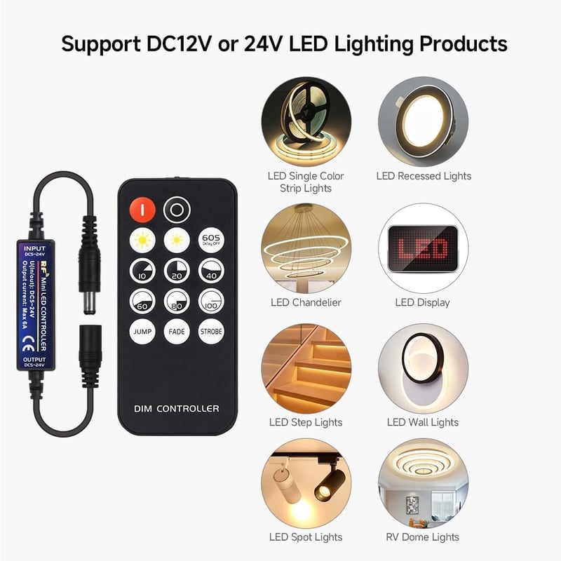 BTF-LIGHTING RF Mini LED Dimmer Vezérlő 14 Gombos - 5V/12V/24V LED Szalaghoz, 20m Hatótáv, Fényerő és Effekt Szabályozás, Vezeték Nélküli