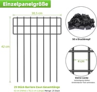 LIANTRAL Dekoratív Fém Kerti Kerítés - 42cm x 7,63m, Fekete, 25 db T-alakú Elem, Állat Védőkerítés, Rozsdamentes, Földbe Szúrható 2