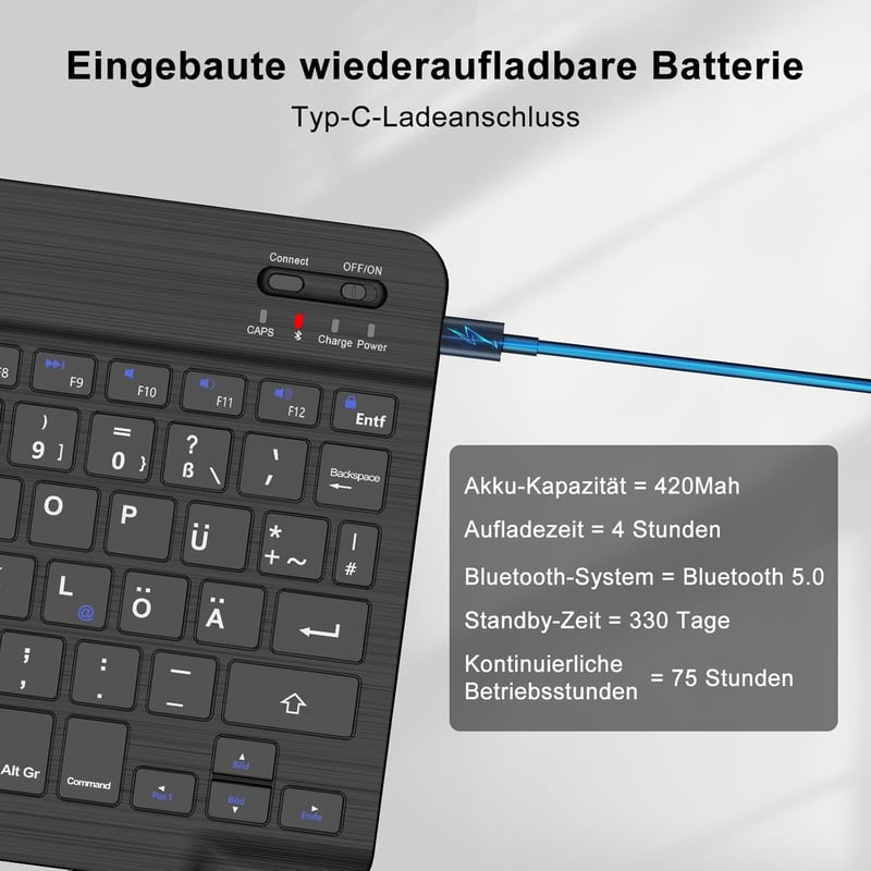 Samsung és iPad kompatibilis SENGBIRCH német Bluetooth billentyűzet, ultravékony, Type-C kábellel