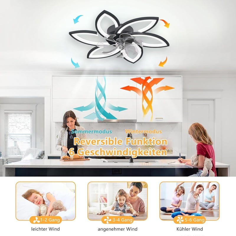 Revneey LED Mennyezeti Ventilátor Lámpával - 66W Szabályozható Fényerő, 3000-6000K, 6 Fejes, Csendes, Fekete, Távirányítós, Nappali és Hálós