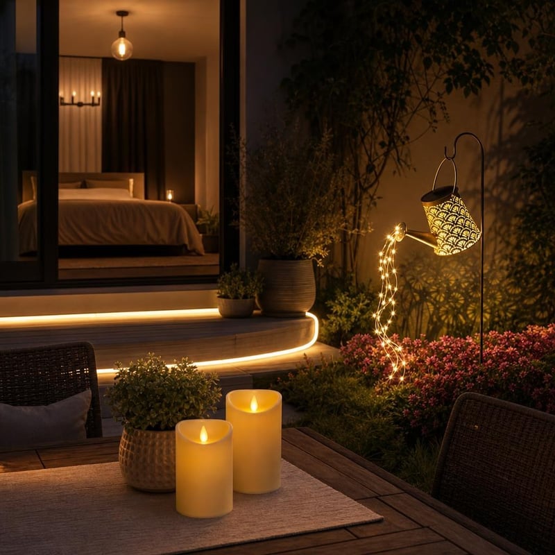 Esti fényvarázs: 2 db LED gyertya + 2 m LED szalag + napelemes fényfüzér + E27 LED izzó