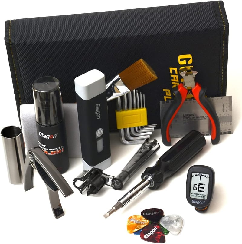 Elagon Guitar Pro Care Kit - Gitárápoló készlet húrtisztítóval, húrkészlettel, 8 imbuszkulccsal, húrtekerővel, húrvágóval és akciómérővel