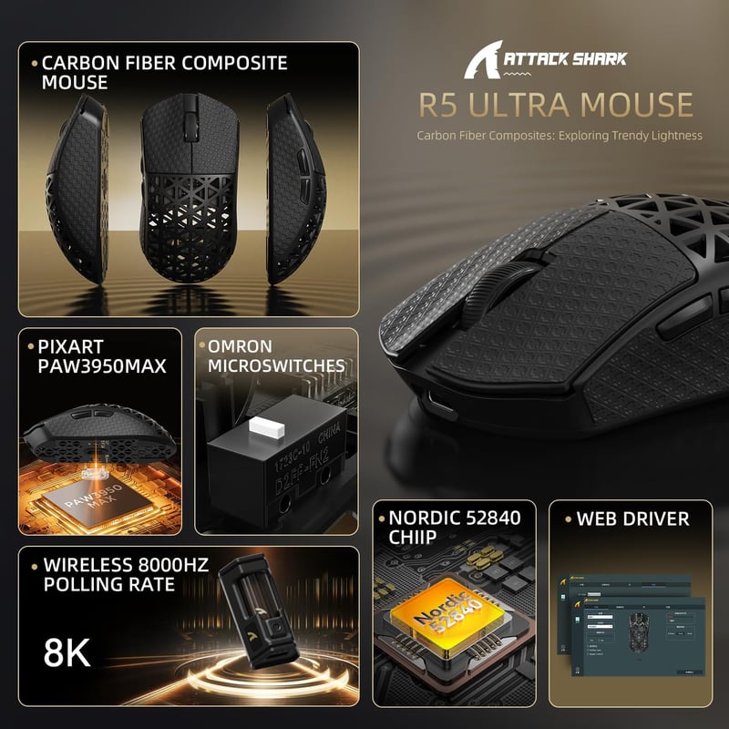 ATTACK SHARK R5 Ultra Szénszálas Gamer Egér, 39g Szuperkönnyű, 8000Hz Vezeték Nélküli, 42000 DPI, PAW3950MAX Szenzor, Bluetooth/2.4G/Vezeték