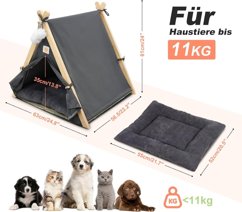 Összecsukható Tipi Sátor Kutyáknak és Macskáknak - Mosható Fekhellyel és Bambusz Szőnyeggel (63x56.5x61cm)