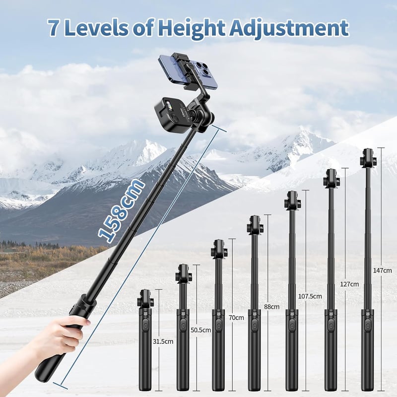 ULANZI MT-70 Szelfibot Állvány 158cm, Távirányítóval és 2 Levehető Telefontartóval, 360°-os