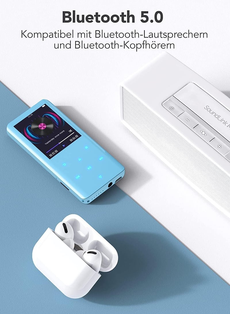 AGPTEK 32GB MP3 Lejátszó Bluetooth 5.0 - 2,4" Színes Kijelző, Beépített Hangszóró, 128GB-ig Bővíthető (Kék)