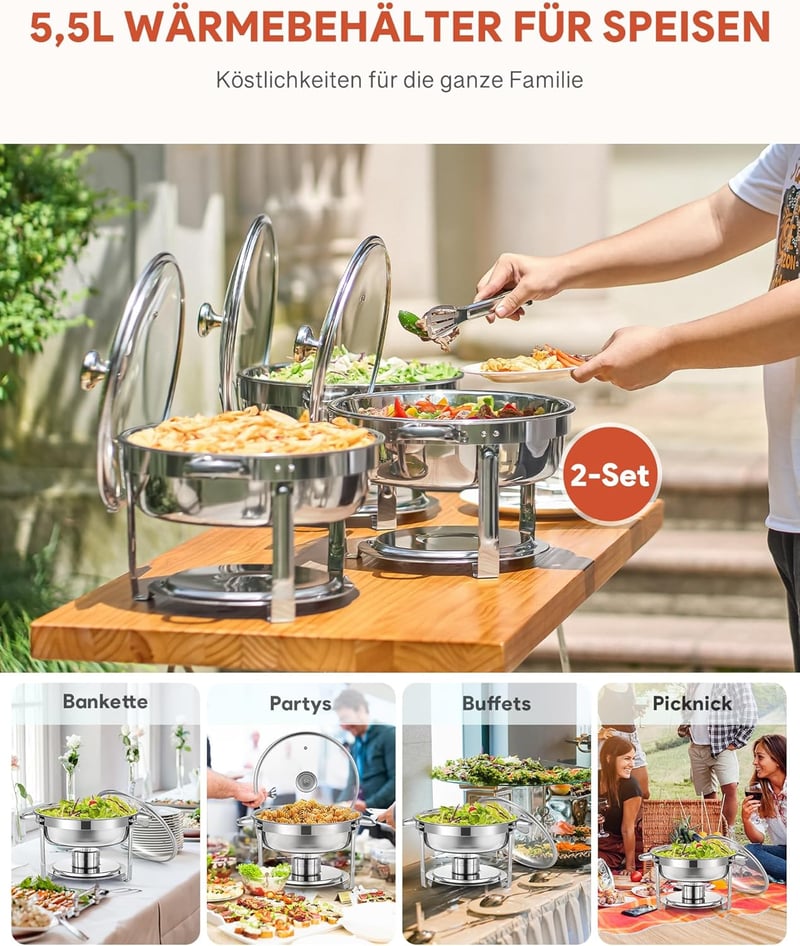 Wilprep 5,5 L Rozsdamentes Acél Ételmelegítő Szett 2 db - Kerek Chafing Dish Üvegfedővel, Ételtároló Edény Éttermeknek, Büféknek, Rendezvény