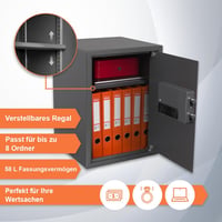 Brihard Business XL EL Széf Elektronikus Zárral - 50x35x36cm Titán Szürke Acél Páncélszekrény Fali/Padló Rögzítéssel, LED Kijelzővel, Vészny 4