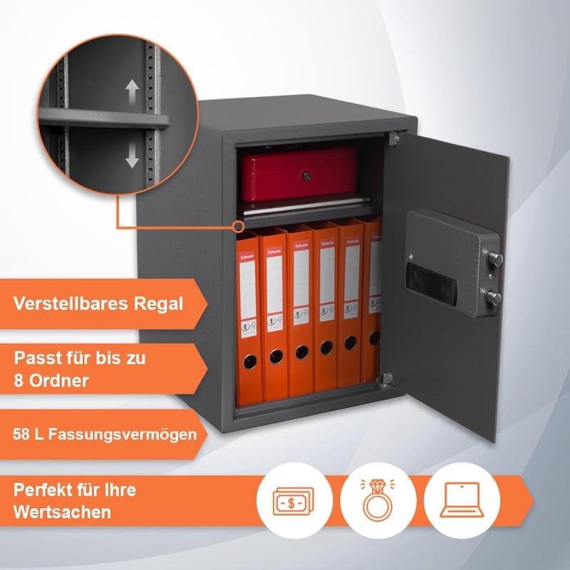 Brihard Business XL EL Széf Elektronikus Zárral - 50x35x36cm Titán Szürke Acél Páncélszekrény Fali/Padló Rögzítéssel, LED Kijelzővel, Vészny