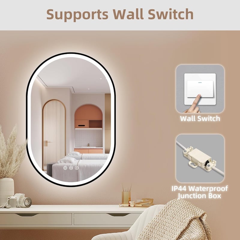 STARLEAD Ovális LED Fürdőszobai Tükör 90x60 cm - Bluetooth Hangszóróval, Fényerőszabályzással, 3 Színhőmérséklettel, Páramentesítővel, Feket