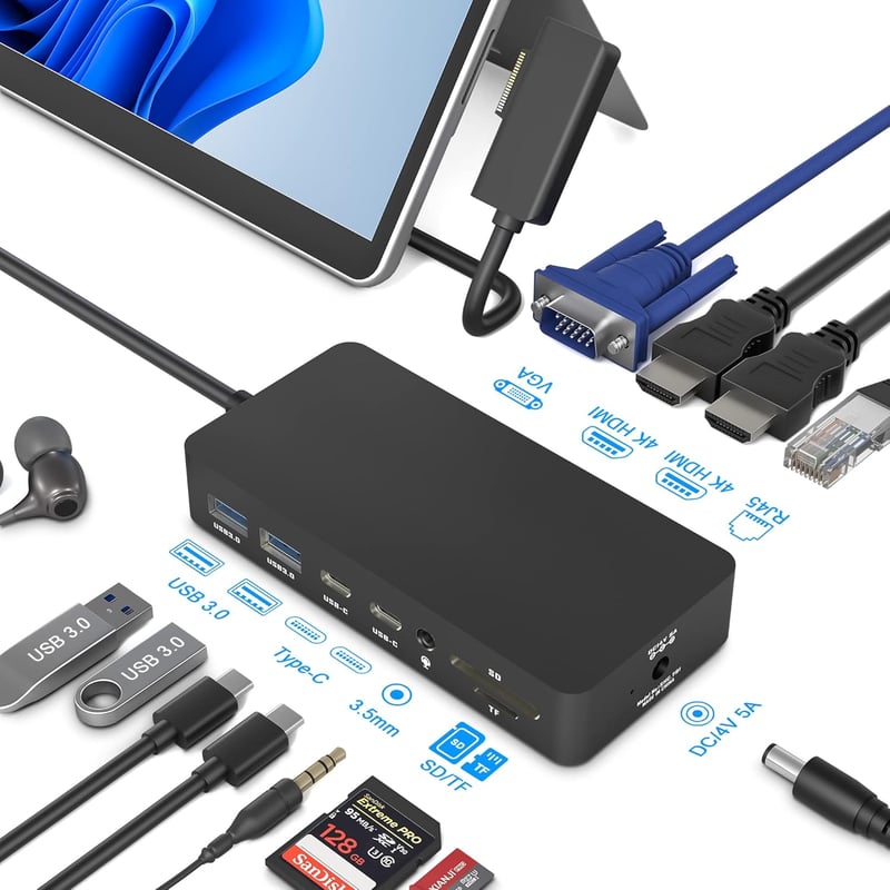 Microsoft Surface Dokkoló 12az1-ben, 3 Kijelzős, 4K HDMI és VGA Portokkal