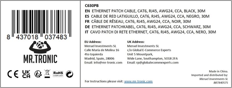 Mr. Tronic 30 méteres Cat6 UTP fekete Ethernet kábel, RJ45 csatlakozókkal