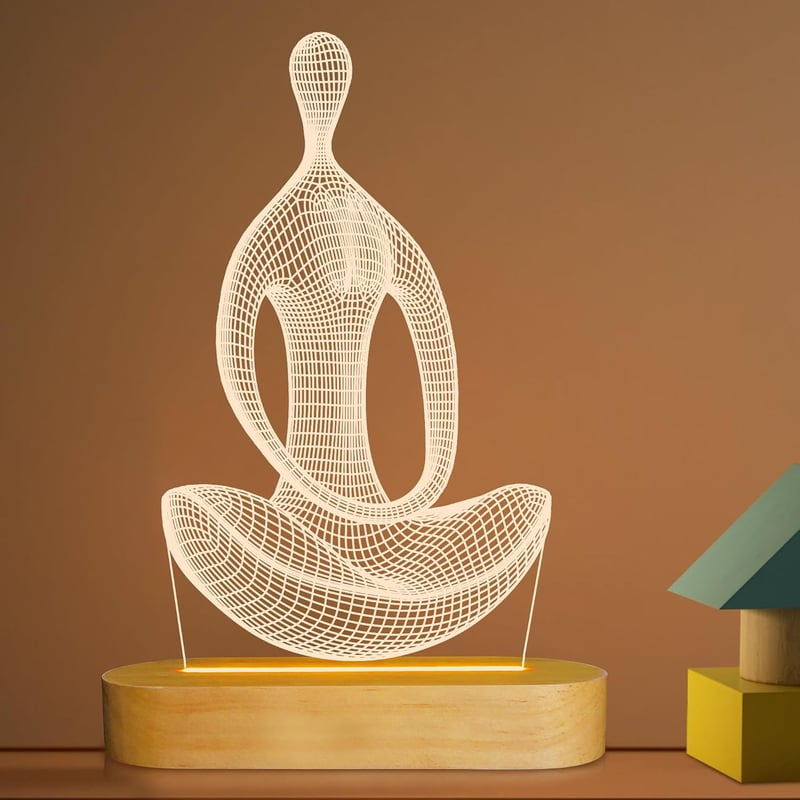 BootyBay 3D Jóga LED Éjjeli Lámpa - Meditációs Asztali Világítás Meleg Fénnyel, Fa Talppal - USB Dekorációs Lámpa Ajándékba Nőknek, Lányokna