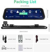 Podofo 9.66" Tükör Menetrögzítő Kamera - Vezeték Nélküli Apple CarPlay, Android Auto, Dupla 1080P HD Kamera, IPS Érintőképernyő, Bluetooth,  8