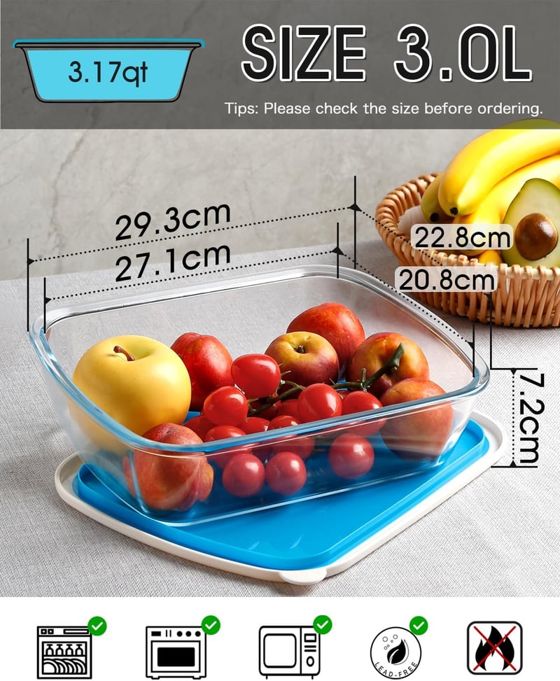 NUTRIUPS Üveg Sütőtál Fedővel 3L - 23x29 cm Téglalap Alakú Jénai Tál, Mikrohullámú Sütőben és Mosogatógépben Használható Lasagne Forma