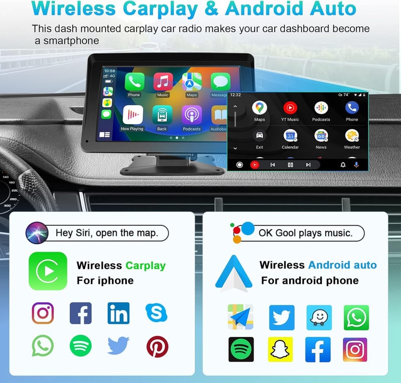 Podofo 7" Hordozható Autórádió IPS Érintőképernyővel - Vezeték Nélküli Apple CarPlay & Android Auto, Bluetooth, GPS Navigáció, FM, USB