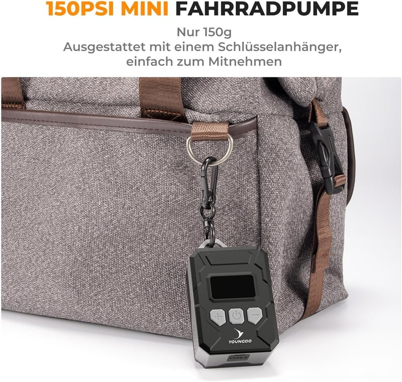 YOUNGDO Mini Elektromos Kerékpárpumpa 150 PSI - 500 mAh Akkumulátor, Valós Idejű Nyomáskijelző, Presta és Schrader Szeleppel Kompatibilis