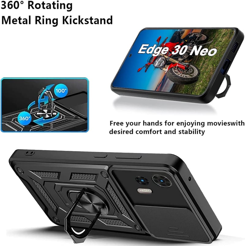 Motorola Edge 30 Neo csúsztatható kamerás védőtok, 360°-os gyűrűvel, mágnessel - Fekete