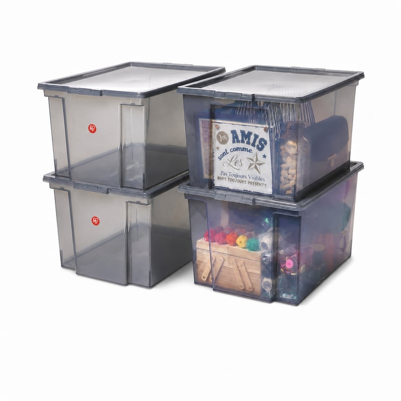 Súprava 4 priehľadných sivých plastových úložných boxov s vekom Iris Ohyama USB-M, 30 l, 42x36x26 cm, stohovateľné