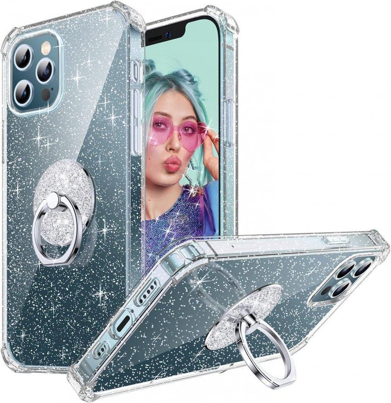 iPhone 12 Pro Max Átlátszó Glitteres Gyűrűs Védőtok Csillogó Ütésálló