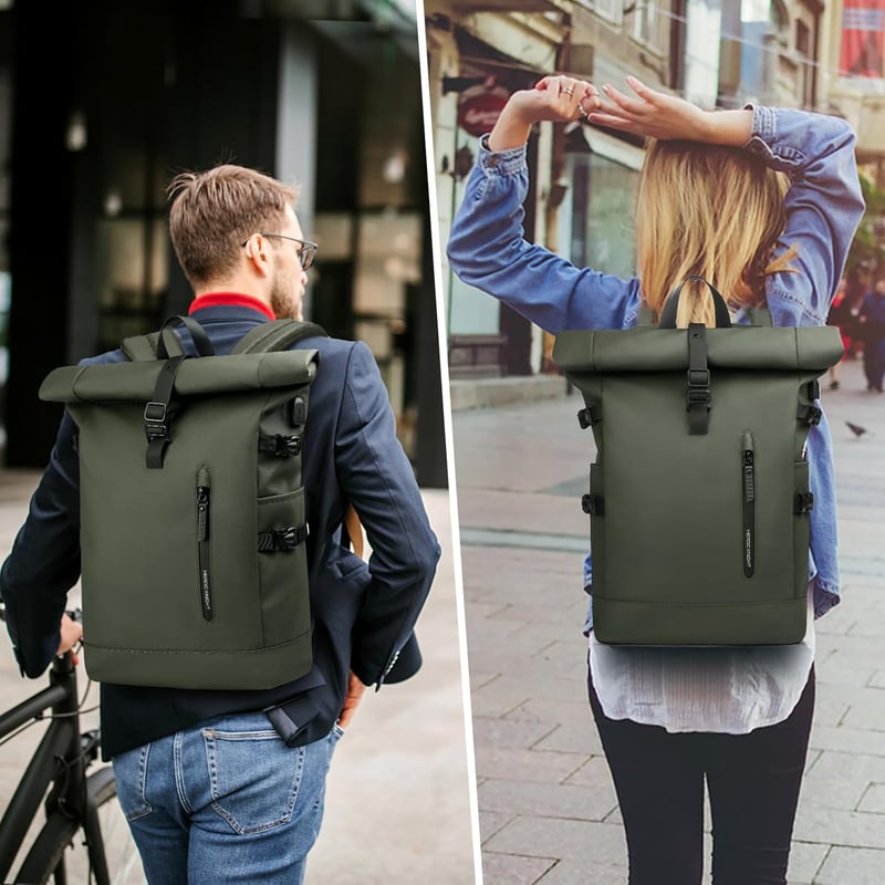 hk Rolltop Vízálló Hátizsák 27L - 15,6" Laptoptartóval, USB Porttal, Lopásbiztos Kialakítás, Unisex Városi Táska Egyetemre, Utazáshoz, Zöld