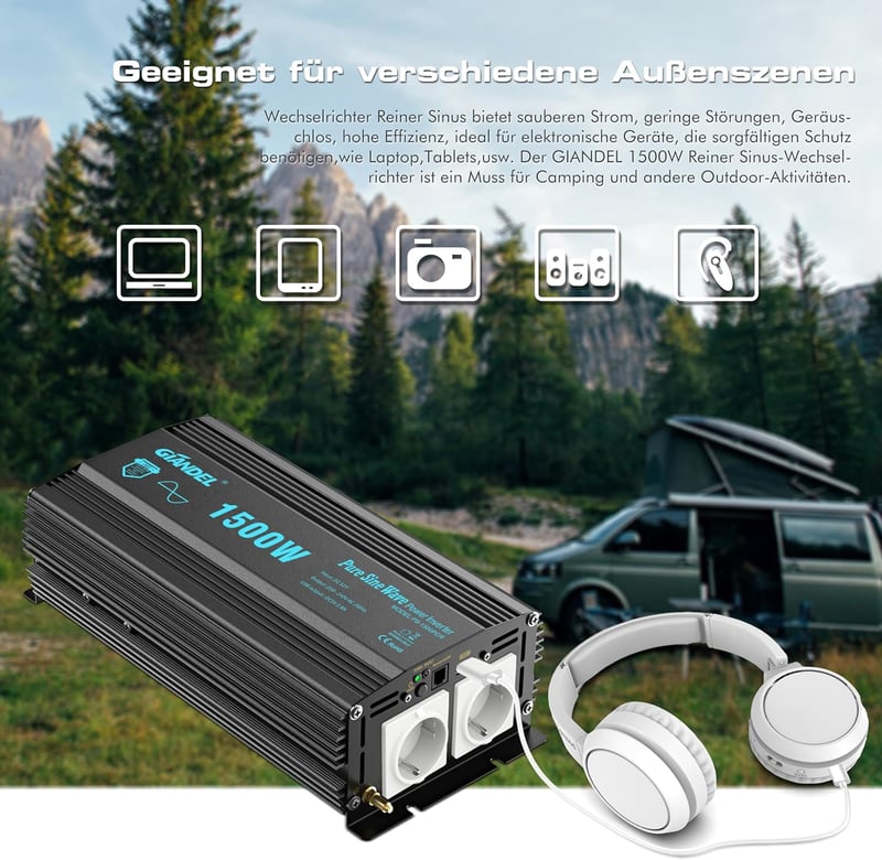 GIANDEL 1500W Színuszos Inverter 12V-230V Feszültségátalakító Távirányítóval és USB Portokkal Lakóautóhoz, Teherautóhoz és Személygépkocsiho
