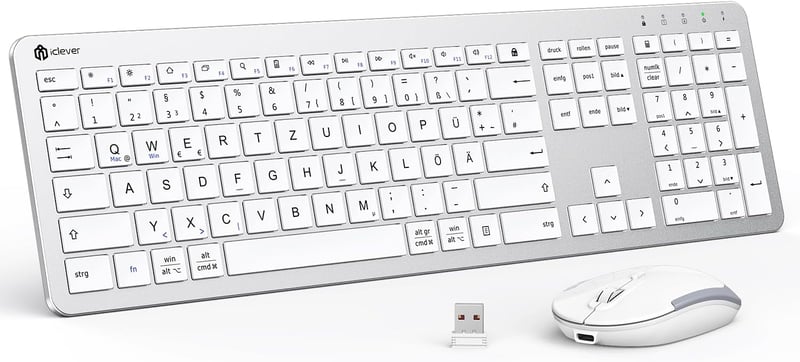 iClever Vezeték Nélküli Billentyűzet-Egér Szett - Újratölthető, QWERTZ Kiosztás, 2.4 GHz, Számgombos, PC/Laptop/Smart TV Kompatibilis, Fehér - silver
