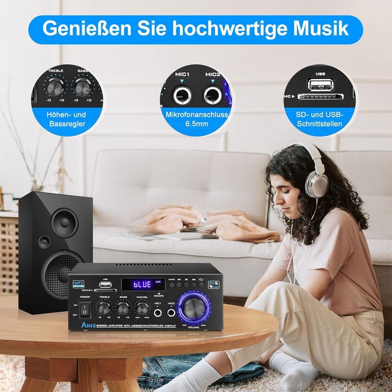 KKMOL AK45 Mini Bluetooth Sztereó Erősítő 400W, USB/SD, Távirányítóval