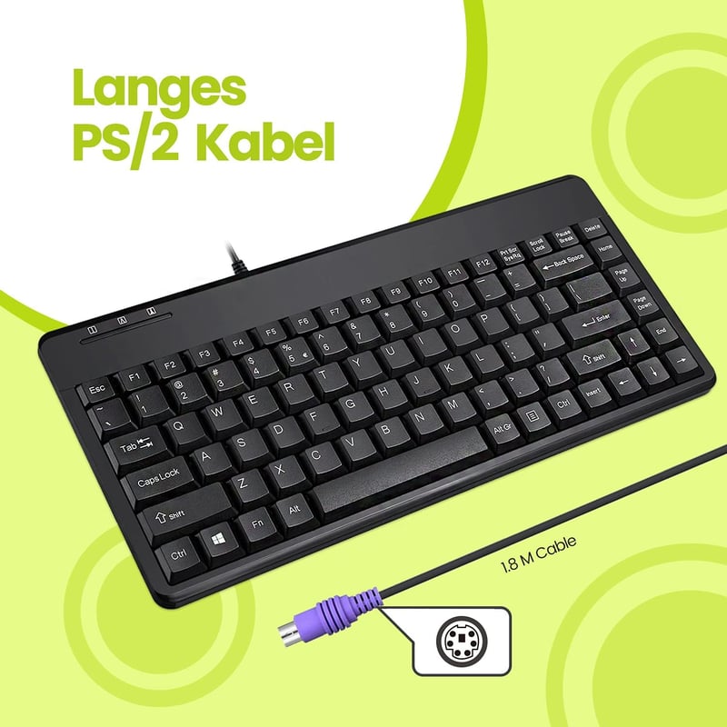 Perixx PERIBOARD-409 P Kompakt Mini PS/2 Vezetékes Billentyűzet - Fekete - QWERTZ Német Kiosztás - Windows Kompatibilis - 88 Gombos