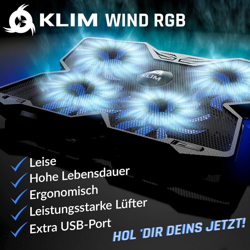 KLIM Wind Laptop Hűtő - RGB Világítás - 4 Ventilátor - USB Tápellátás - Stabil és Csendes - PC, Mac, PS4 Kompatibilis - 11-17 Colos Laptopok