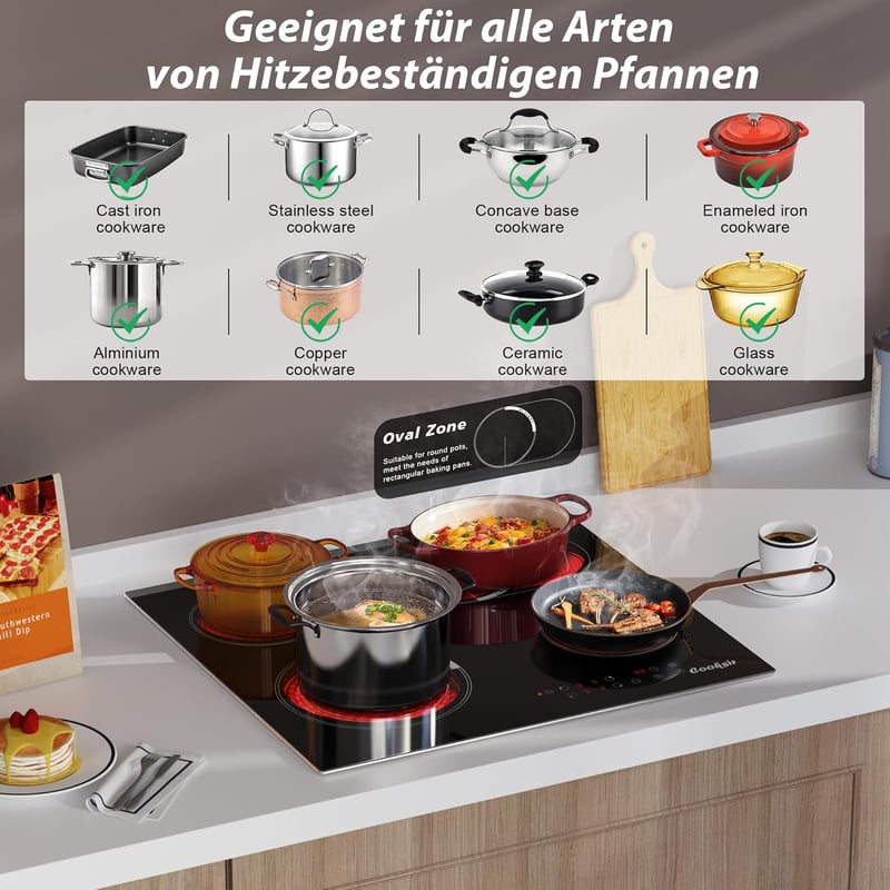 Cooksir Beépíthető Üvegkerámia Főzőlap 59 cm - 4 Zónás, Ovális és Dupla Főzőfelülettel, 6700W, Gyerekzárral, Túlmelegedés Elleni Védelemmel - Set of 4 With Oval Zone
