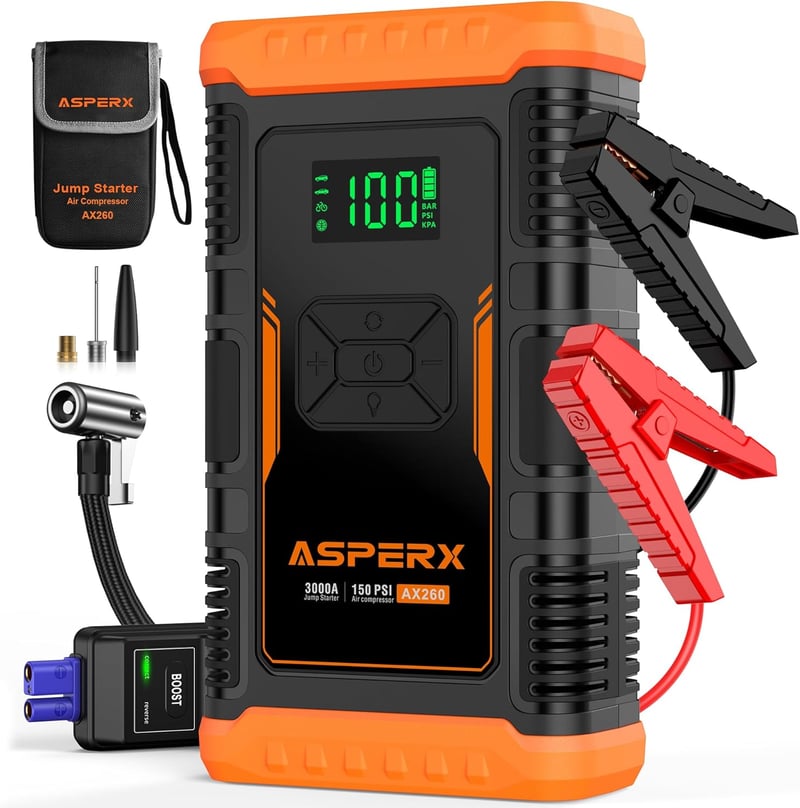 ASPERX 3000A Autós Indításrásegítő Powerbank Kompresszorral, 150PSI, LED Lámpával