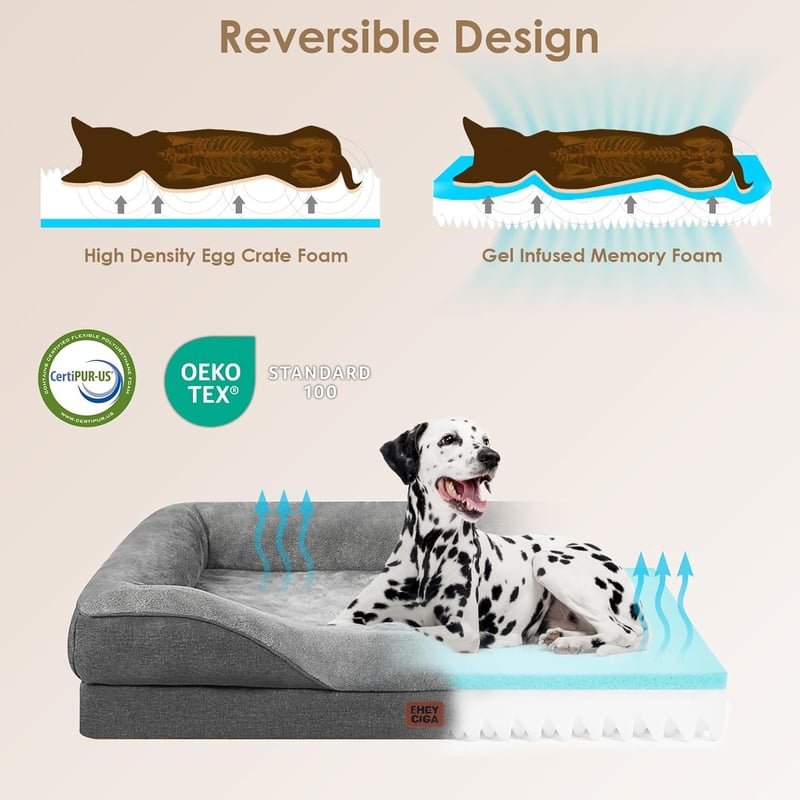 EHEYCIGA Ortopéd Kutyaágy Nagy Kutyáknak, 106x76 cm Memory Foam, Mosható Vízálló Kutyafekhely 4 Oldallal, Szürke