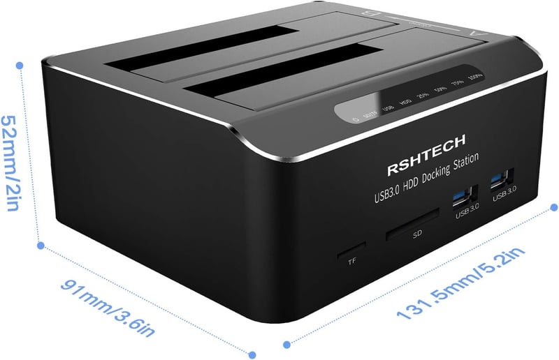 RSHTECH USB 3.0 Alumínium HDD/SSD Dokkoló 2 Tárhelyhez, Klónozással, SD/TF Kártyaolvasóval