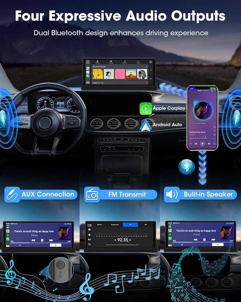 Jansite 10,26" Érintőképernyős CarPlay Android Autós Kijelző Állvánnyal - GPS Navigáció, Tolatókamera, Siri/Google Asszisztens, Vezeték Nélk