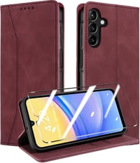 QHOHQ Samsung Galaxy A15 4G/5G Bőr Flip Tok RFID Védelemmel és Edzett Üveg Fóliával - Mágneses Összecsukható Védőtok Multifunkciós Kialakítá 1