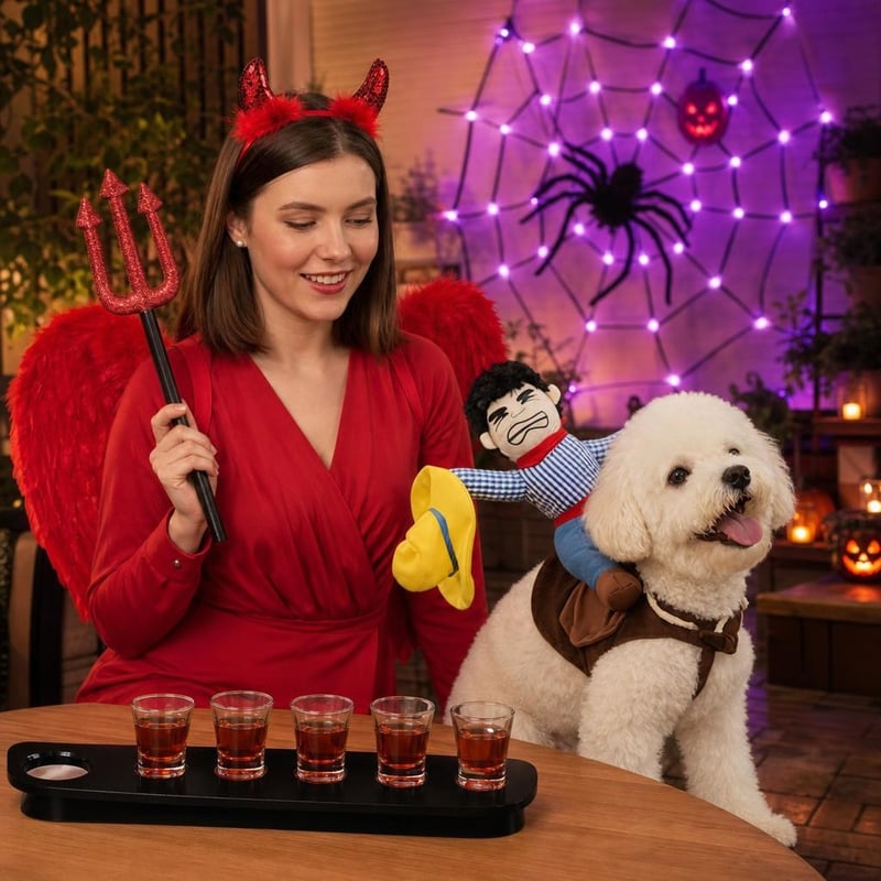 Halloween party set: kostim za psa + LED paukova mreža + set vrag + 6 čašica za shot