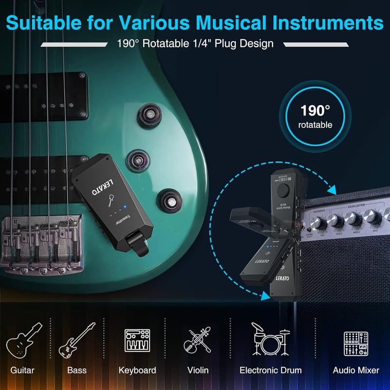 LEKATO WS-90 Vezeték Nélküli Gitár Rendszer 5.8GHz - Gitár és Basszus Adó-Vevő Szett, Beépített Akkumulátorral