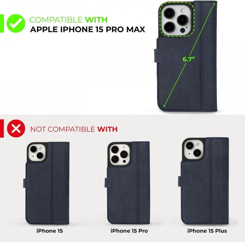 iPhone 15 Pro Max Tengerészkék Bőr Pénztárcatáska Kártyatartóval és Állvánnyal